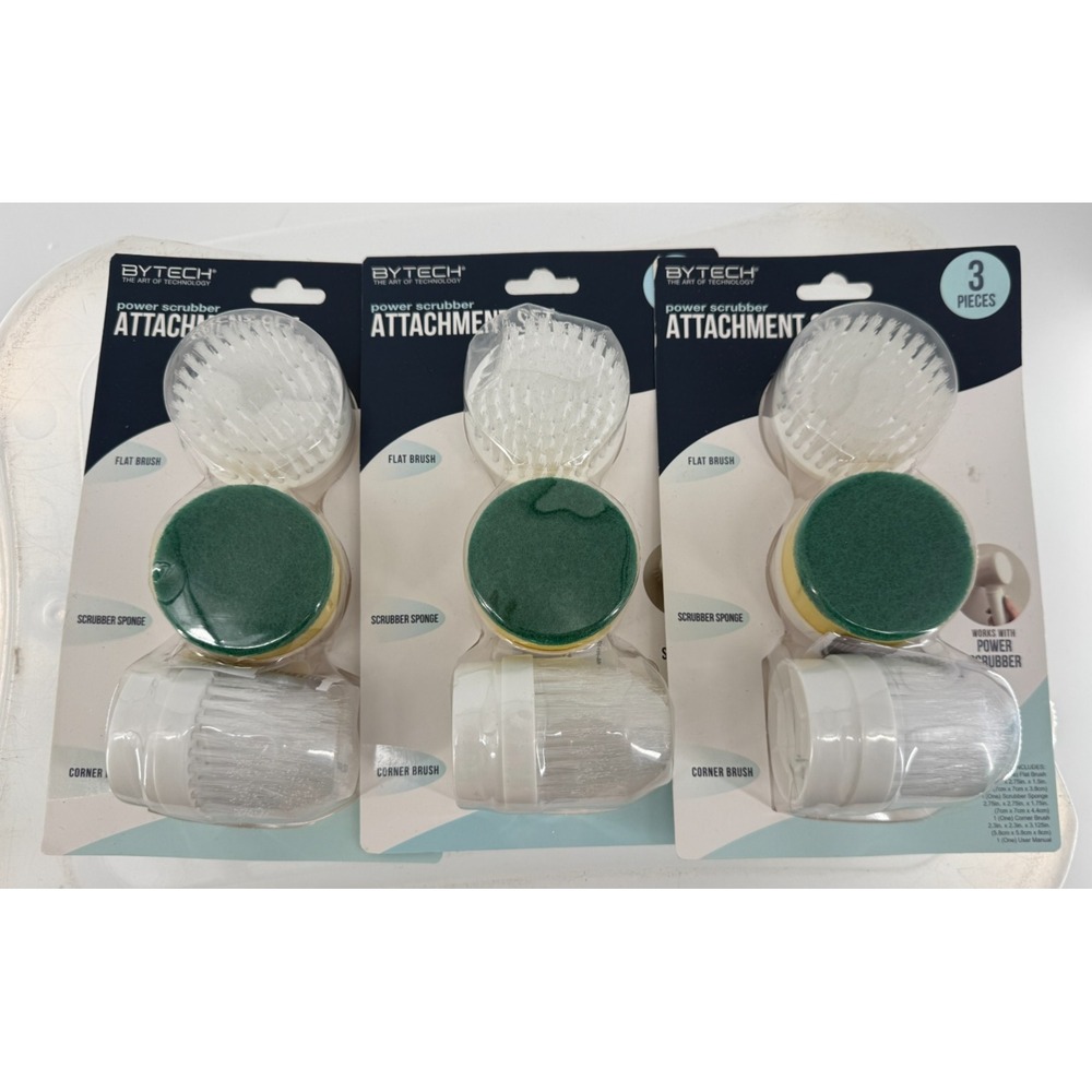 3 Bytech Power Scrubber Attachment Set Replacement Brush Heads Sponge Flat